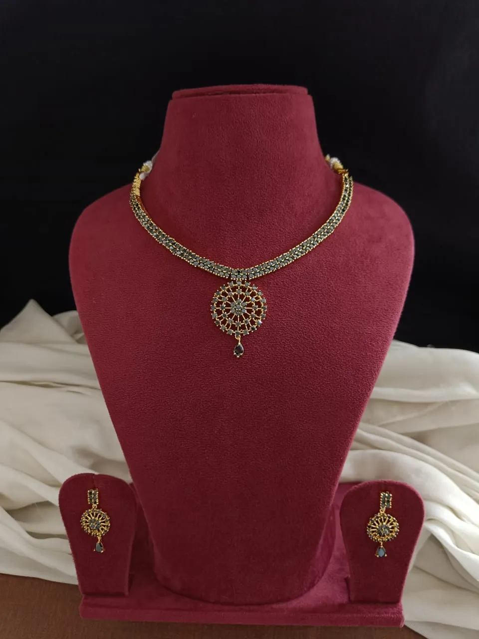 Gold-plated Zircon Necklace Set in Green, Ruby & Black