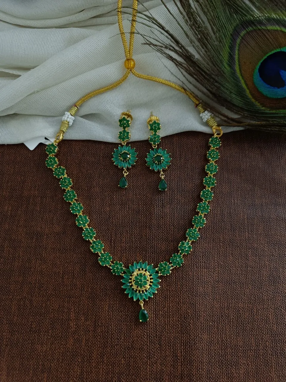 Gold-plated Zircon Necklace Set Pink & Green