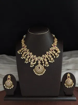 Gold-plated Zircon Set With Pearl Drops- Hydro Ruby