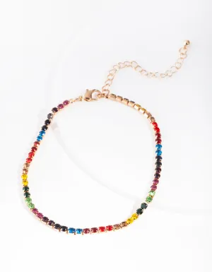 Gold Rainbow Diamante Single Row Anklet