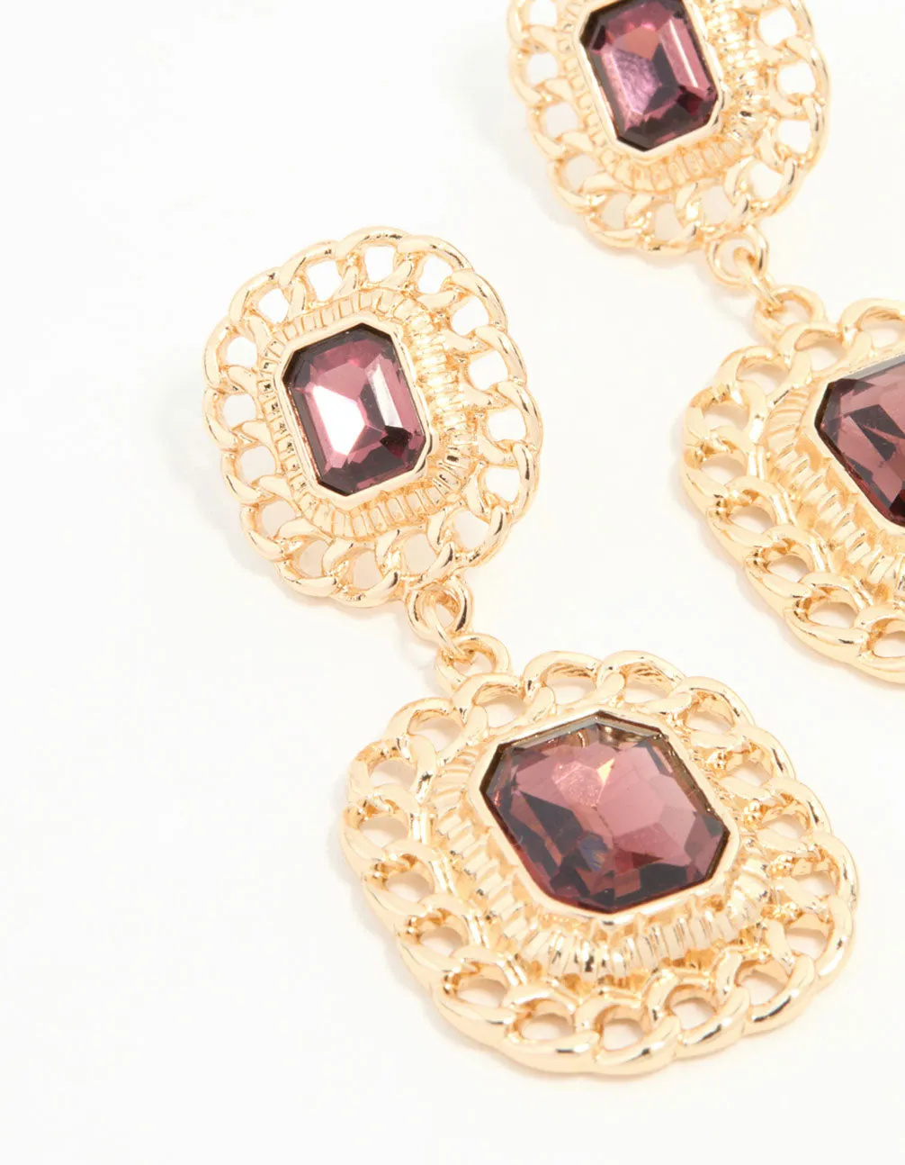 Gold Red Diamante Chain Edge Drop Earrings