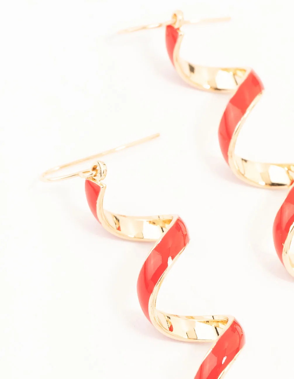 Gold Red Enamel Spiral Drop Earrings