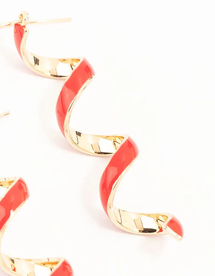 Gold Red Enamel Spiral Drop Earrings