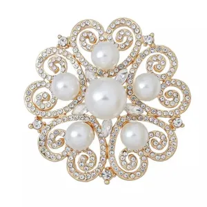 Gold Rhinestone & Pearl Brooch - Style 23 Gold