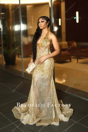 Gold Shimmer Halter Sheer Mermaid Horsehair Prom Dress