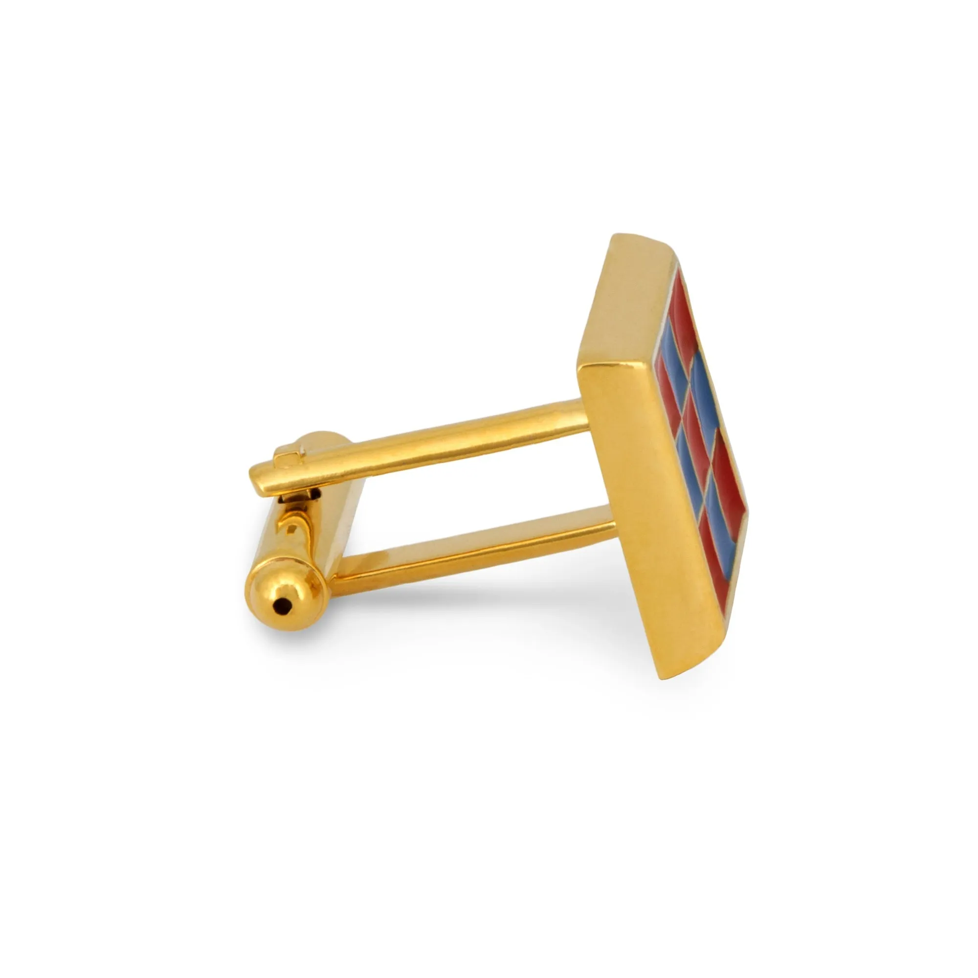 Gold Square Cufflinks with Red and Blue Checks (Online Exclusive)