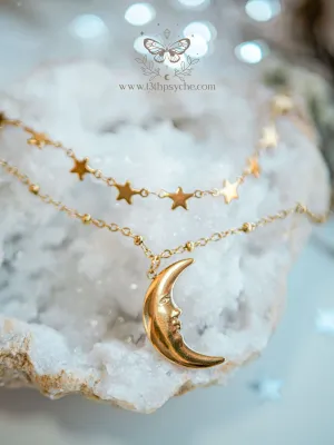 Gold stars choker and moon pendant 2 necklace set