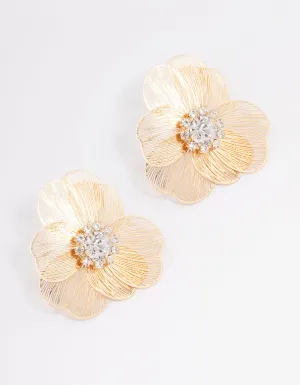 Gold Textured Flower Diamante Stud Earrings