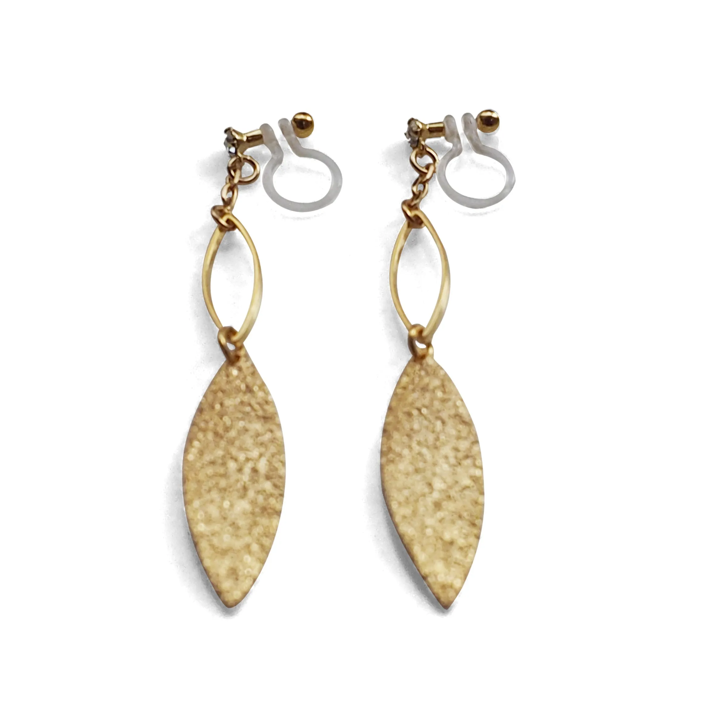 Gold textured metallic leaf invisible clip on earrings