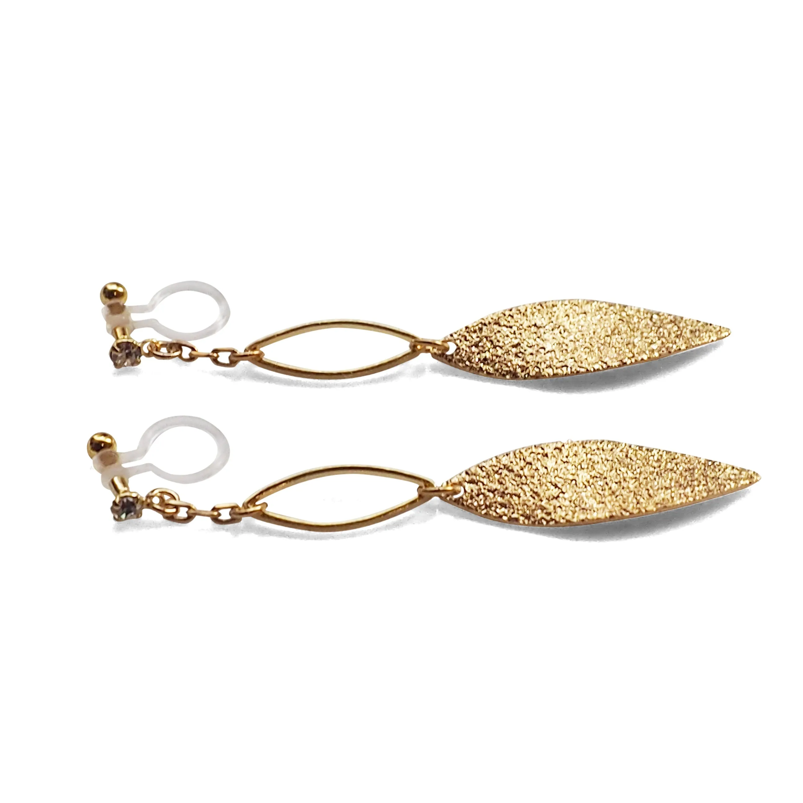 Gold textured metallic leaf invisible clip on earrings