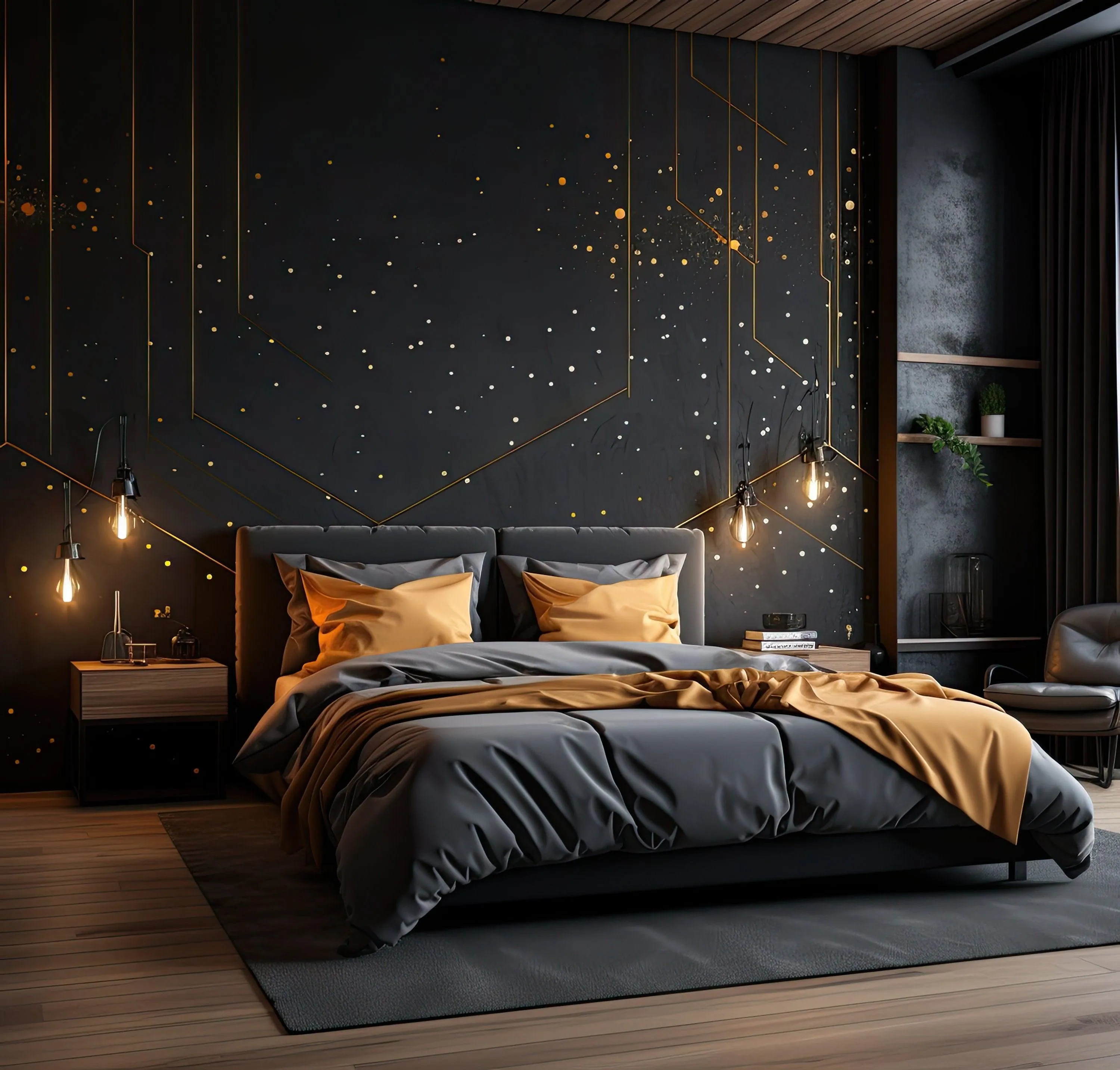 Gold Thin Lines & Circle Dots Stickers - Geometric Peel and Stick Decals for Sophisticated Bedroom Decor