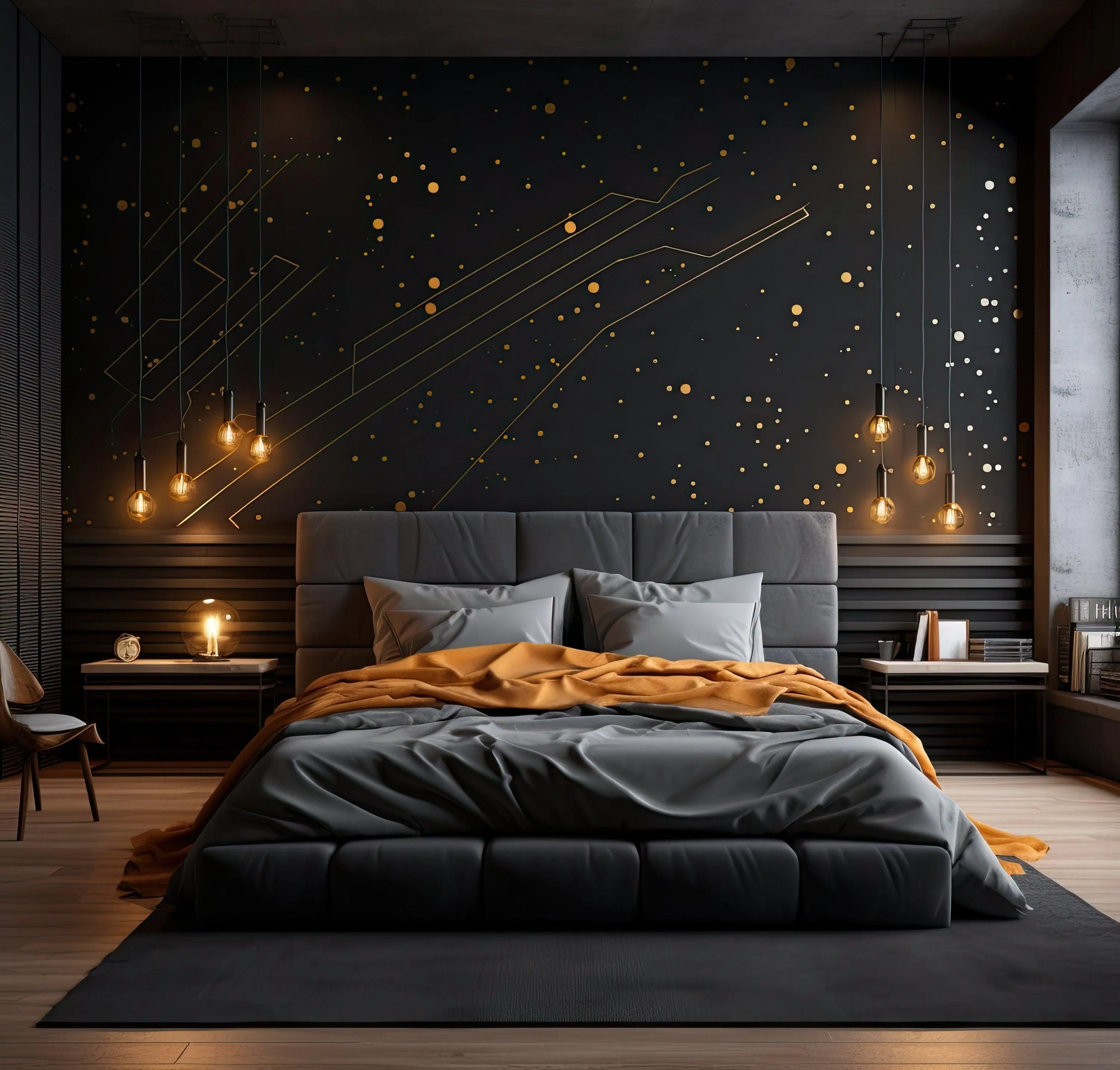 Gold Thin Lines & Circle Dots Stickers - Geometric Peel and Stick Decals for Sophisticated Bedroom Decor