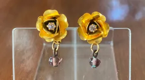 Gold Tone Metal Rose Flower Rhinestone Drop Dangly Pierced Earrings Bead