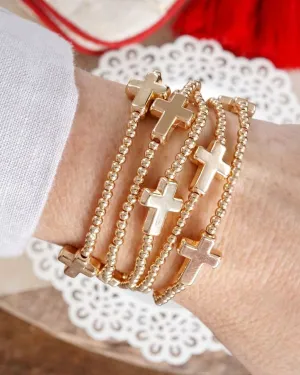 Gold Tone Sideways Cross Bracelet Set  Stretchy Ball Beads Set of 5