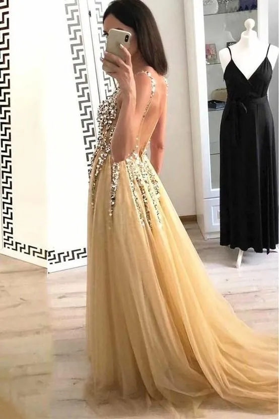 Gold Tulle Prom Dress with Rhinestones V-neck Bodice