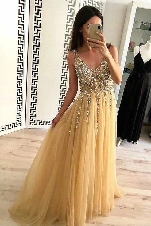 Gold Tulle Prom Dress with Rhinestones V-neck Bodice