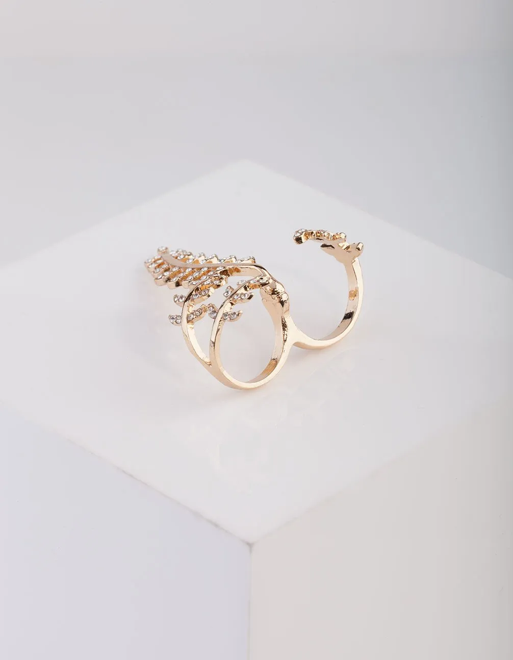 Gold Two-Finger Diamante Leaf Ring