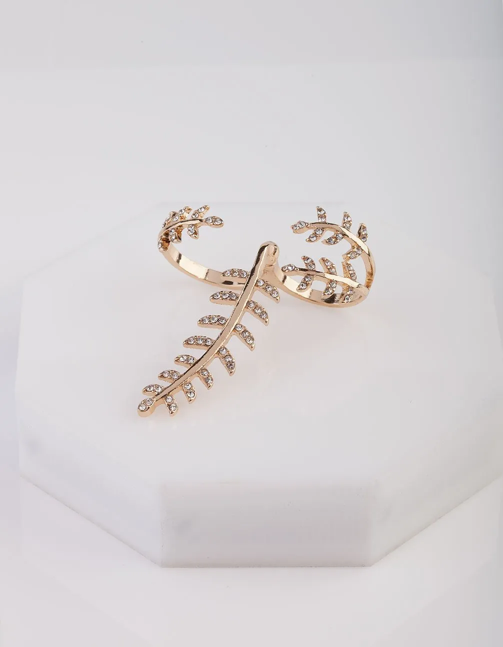 Gold Two-Finger Diamante Leaf Ring