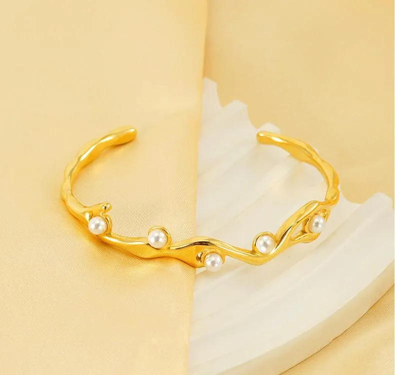 Gold Wave Cuff Bracelet with Pearl Accents – Trendy Coastal Jewelry