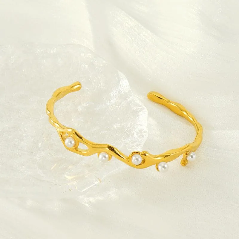 Gold Wave Cuff Bracelet with Pearl Accents – Trendy Coastal Jewelry