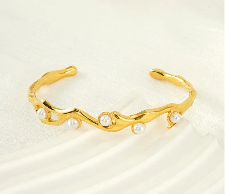 Gold Wave Cuff Bracelet with Pearl Accents – Trendy Coastal Jewelry