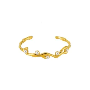 Gold Wave Cuff Bracelet with Pearl Accents – Trendy Coastal Jewelry