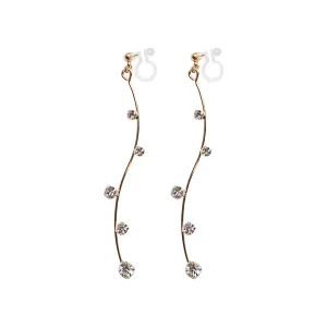 Gold waved bar rhinestone crystal dangle invisible clip on earrings