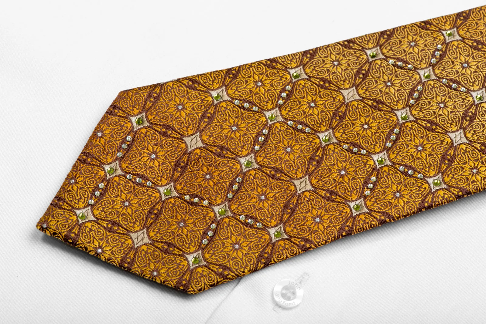 Gold Yellow Cartouche On Brown Rhinestone Silk Necktie With Sparkles