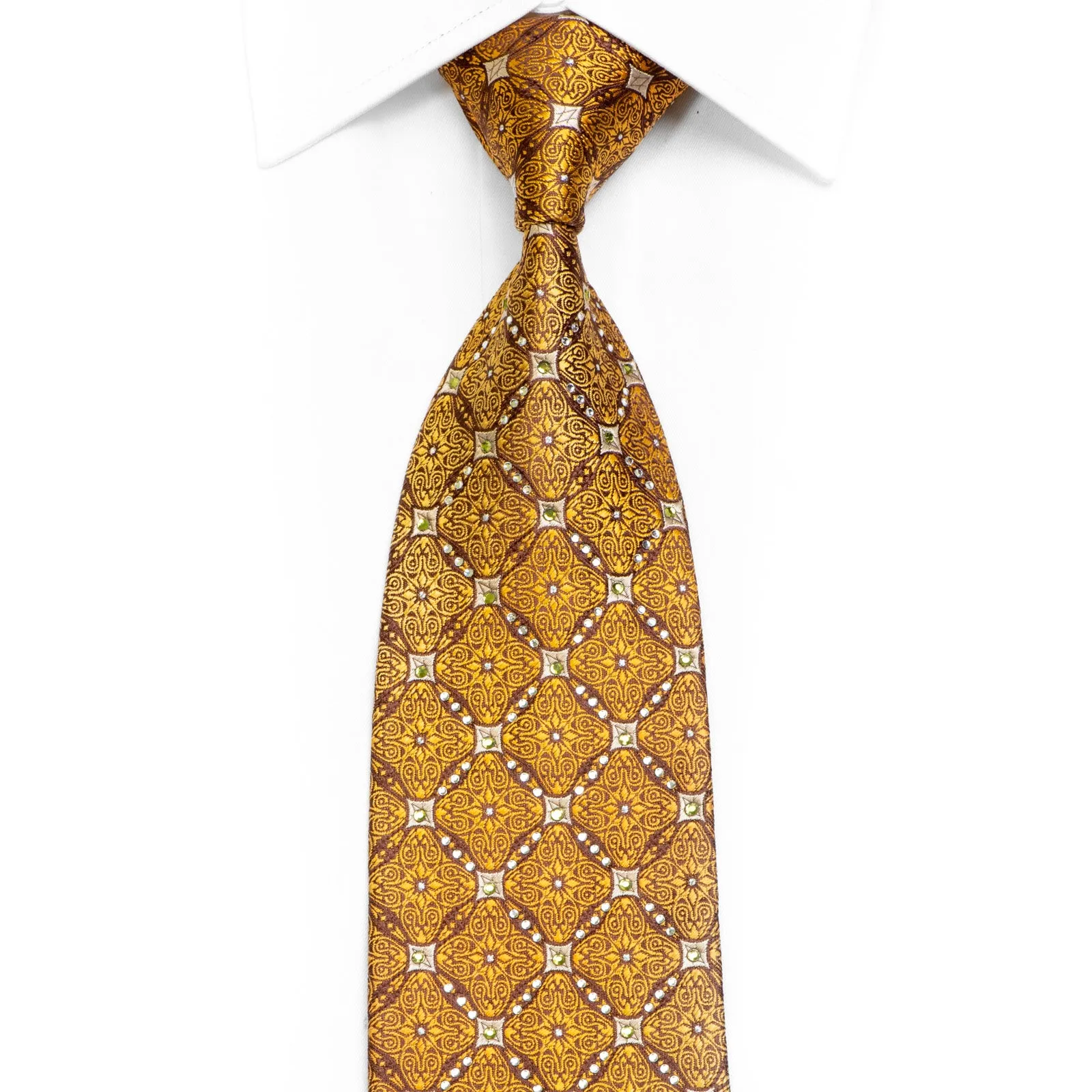 Gold Yellow Cartouche On Brown Rhinestone Silk Necktie With Sparkles