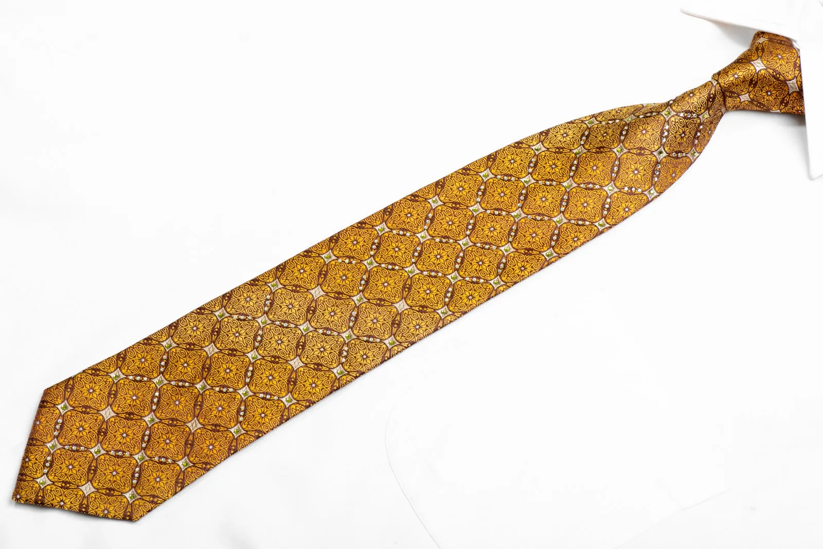 Gold Yellow Cartouche On Brown Rhinestone Silk Necktie With Sparkles