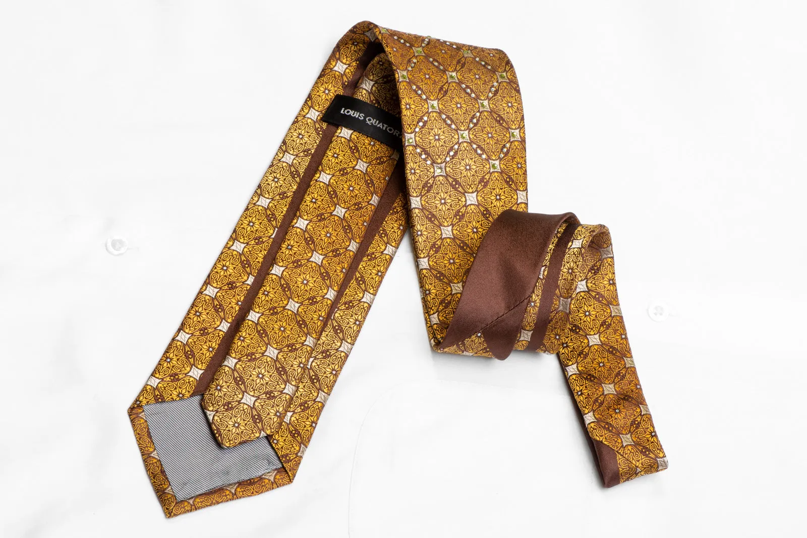 Gold Yellow Cartouche On Brown Rhinestone Silk Necktie With Sparkles