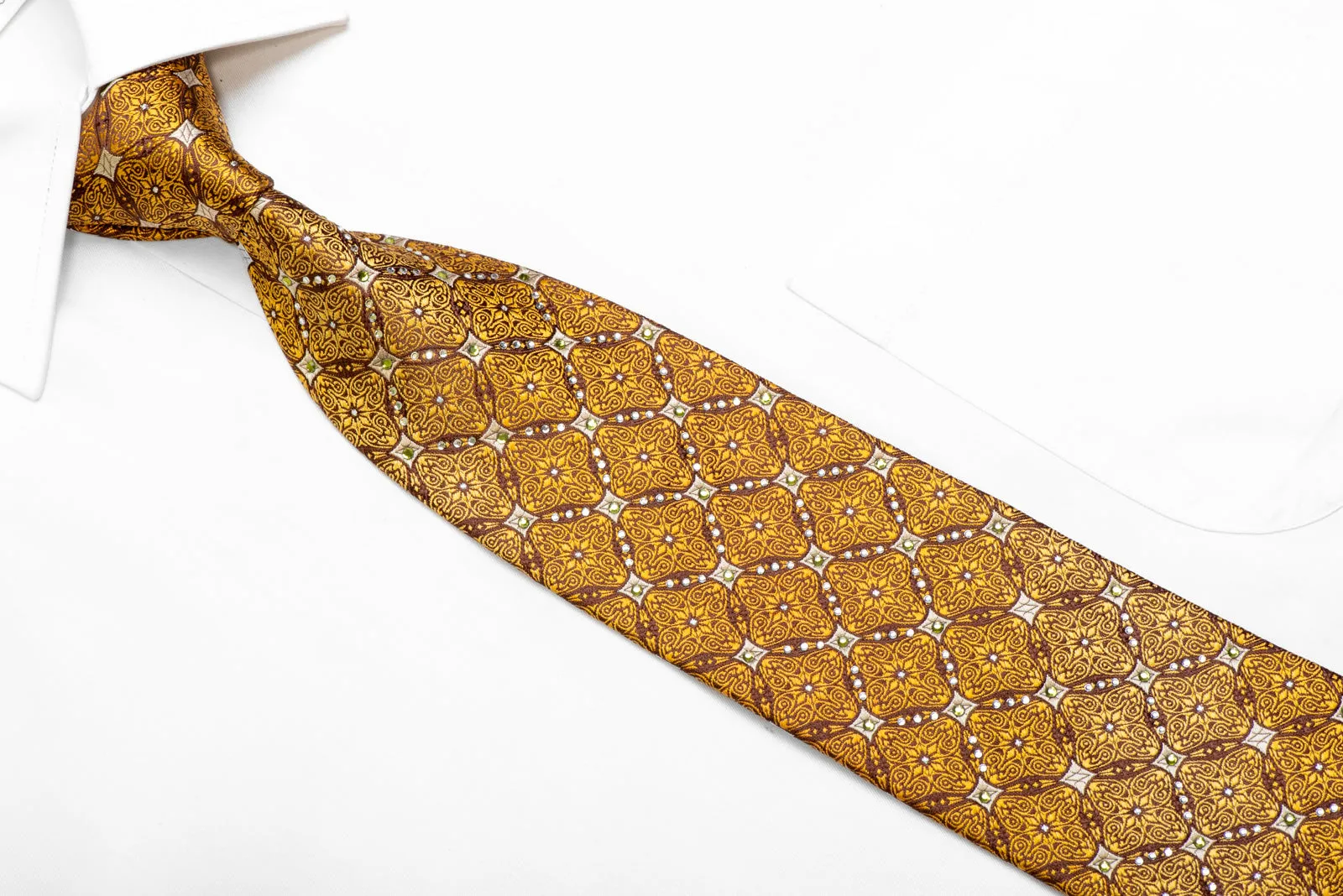 Gold Yellow Cartouche On Brown Rhinestone Silk Necktie With Sparkles