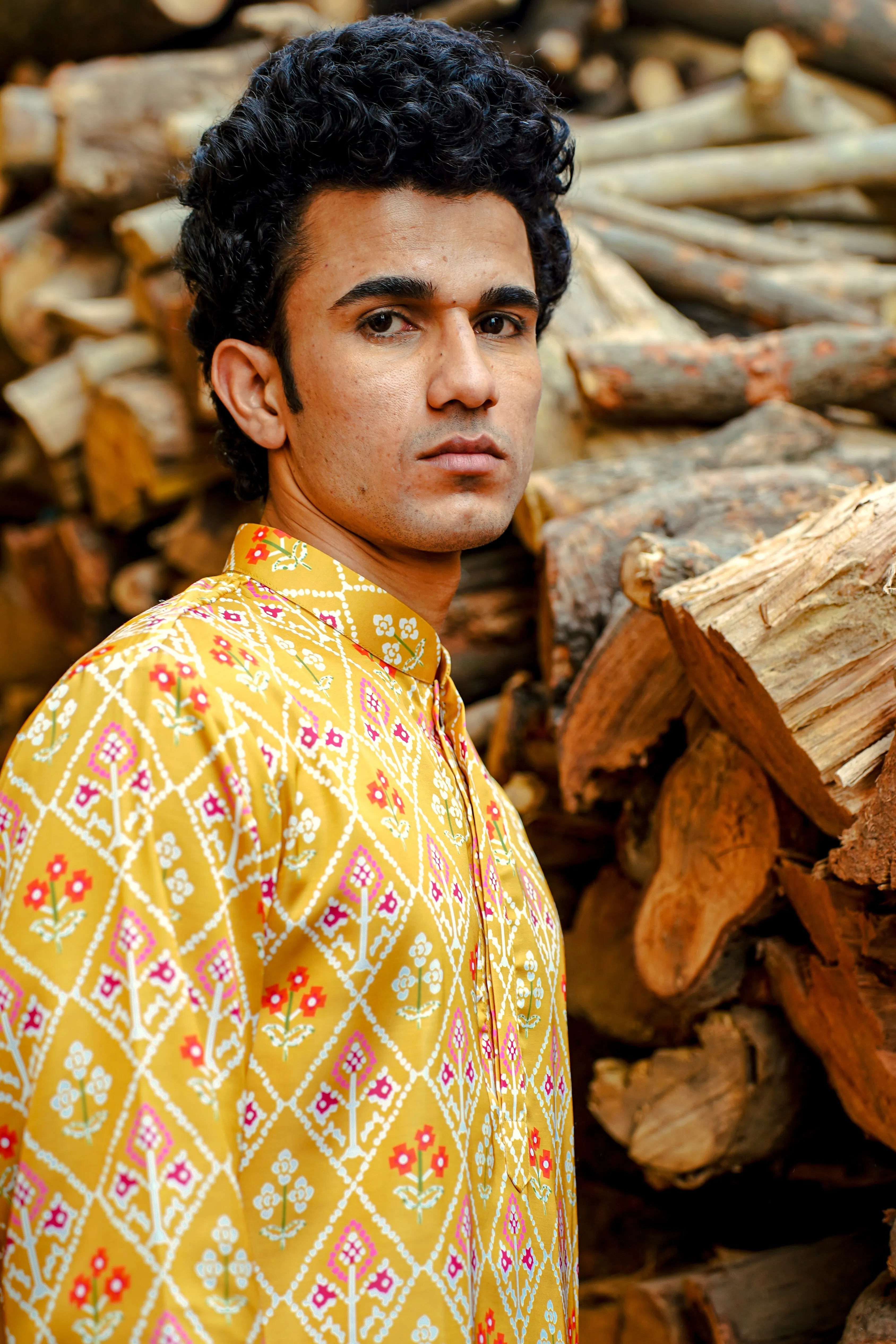 GOLD YELLOW GEOMETRIC BANDHANI PRINTED REGULAR FIT MODAL KURTA