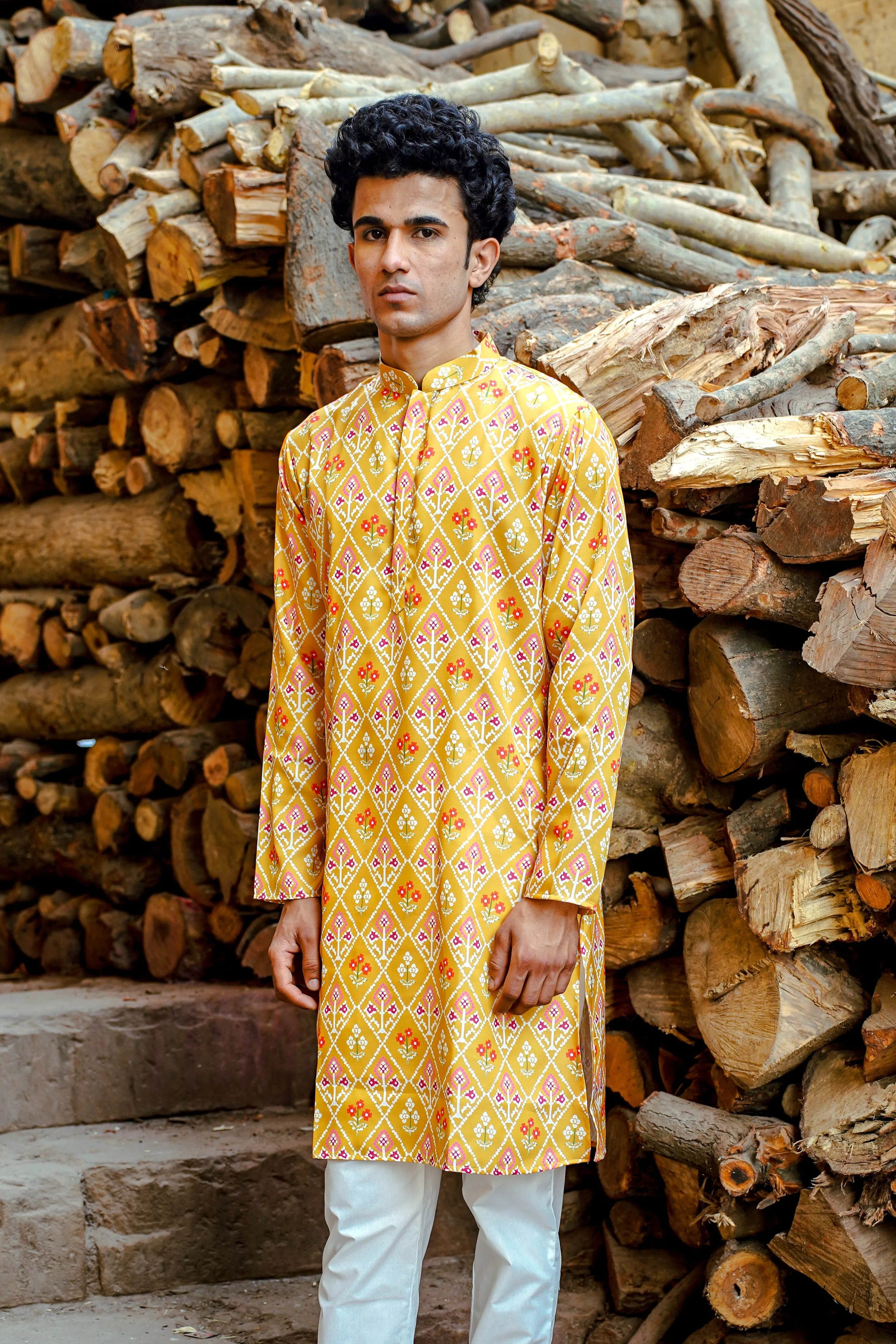 GOLD YELLOW GEOMETRIC BANDHANI PRINTED REGULAR FIT MODAL KURTA