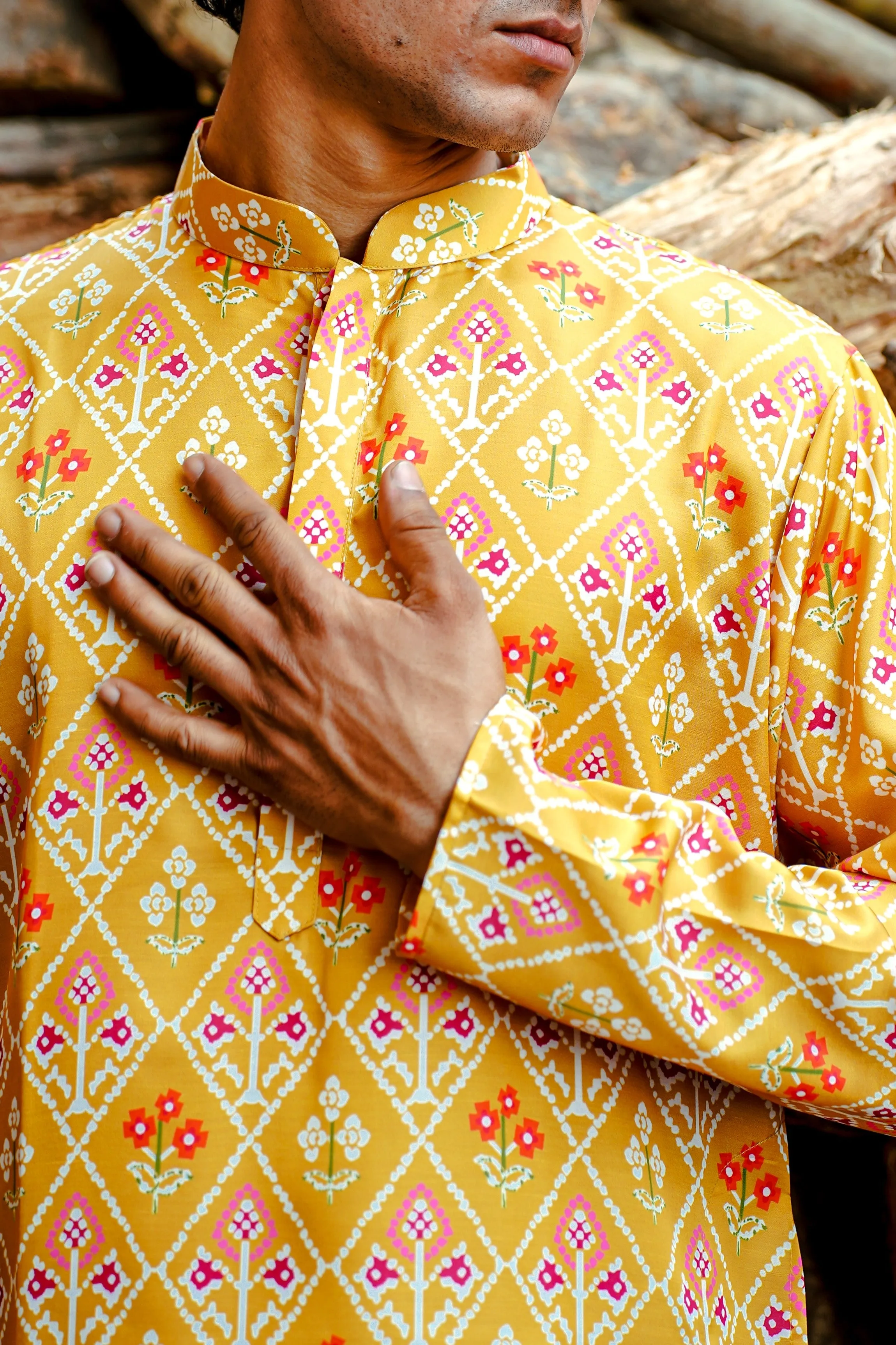 GOLD YELLOW GEOMETRIC BANDHANI PRINTED REGULAR FIT MODAL KURTA