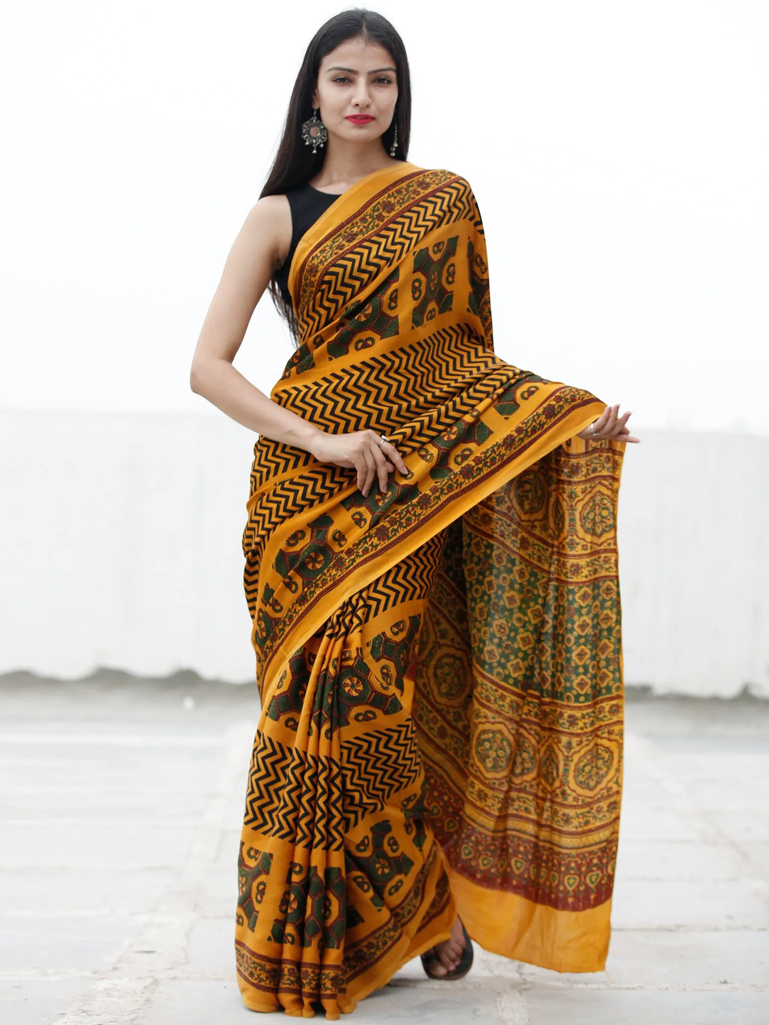 Gold Yellow Green Maroon Black Ajrakh Hand Block Printed Modal Silk Saree in Natural Colors - S031703708