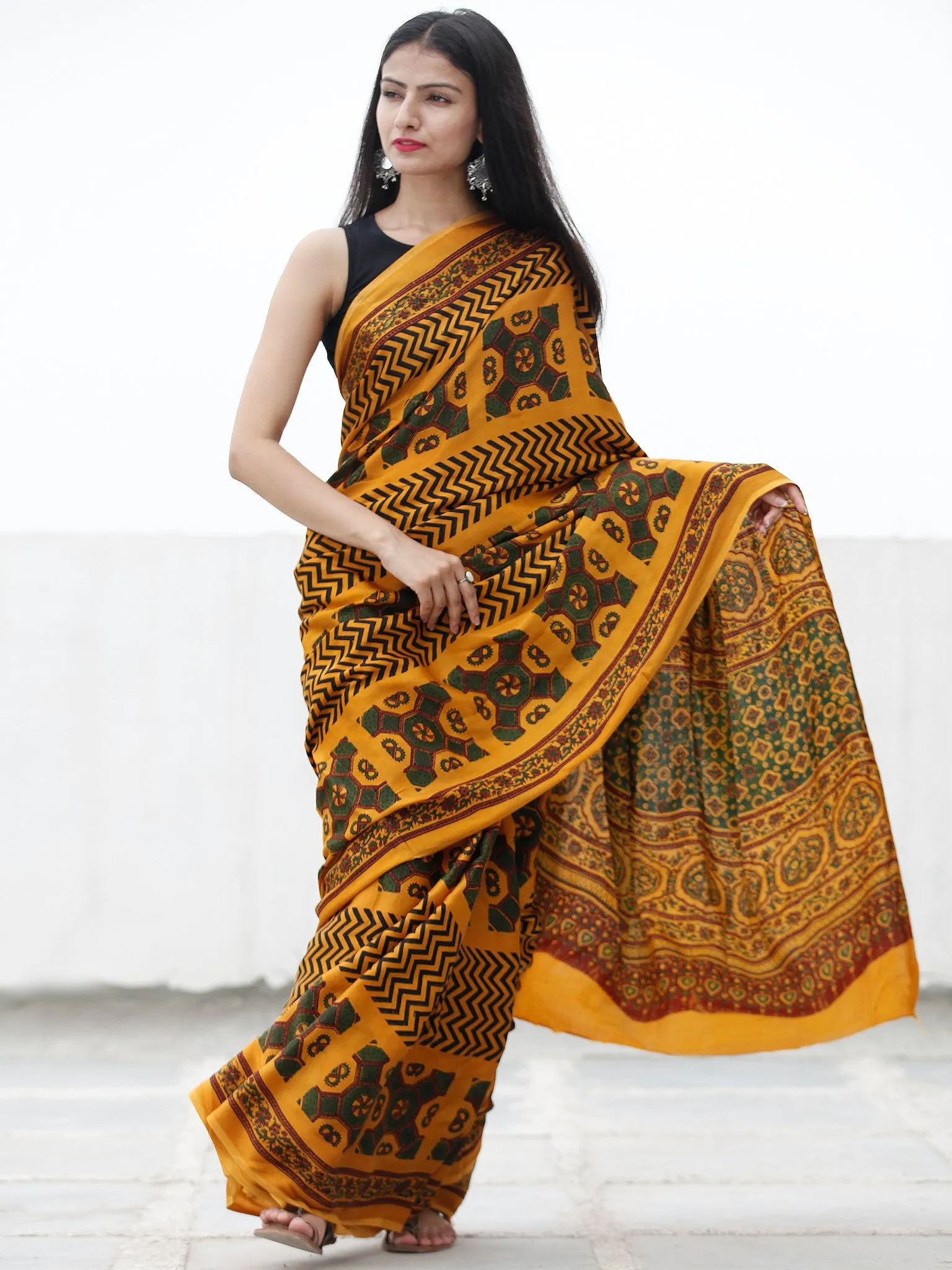 Gold Yellow Green Maroon Black Ajrakh Hand Block Printed Modal Silk Saree in Natural Colors - S031703708