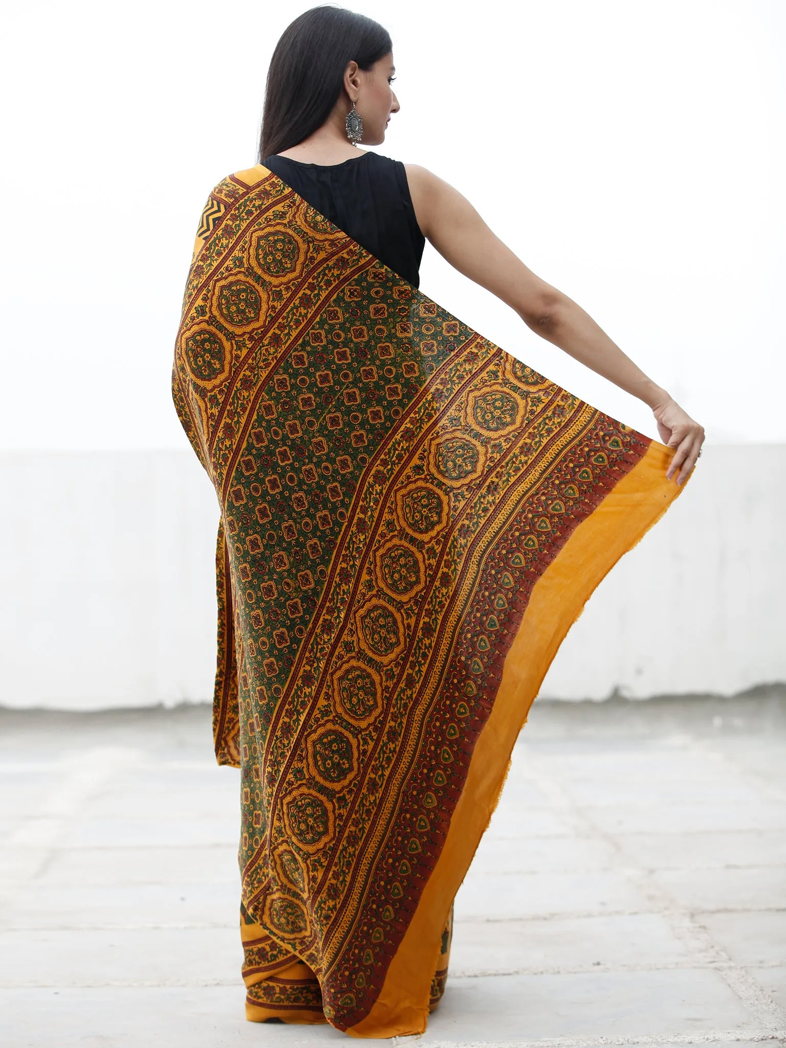 Gold Yellow Green Maroon Black Ajrakh Hand Block Printed Modal Silk Saree in Natural Colors - S031703708