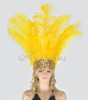 Gold yellow Showgirl Open Face Ostrich feather Headdress