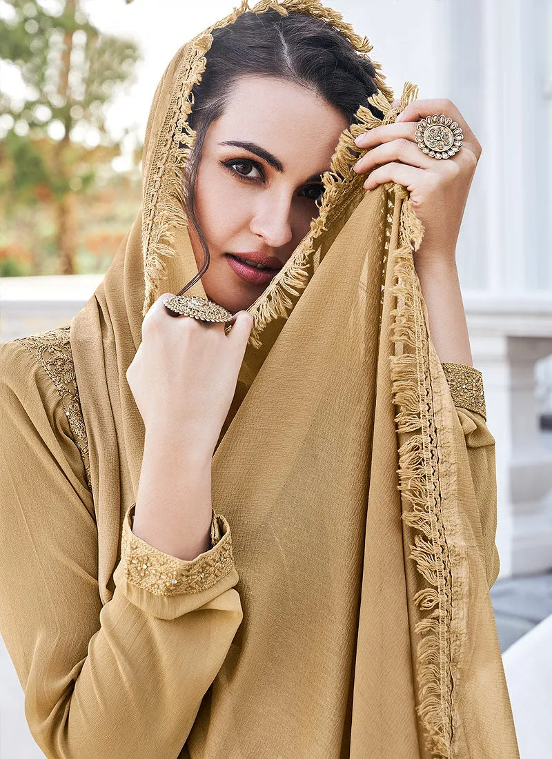 Golden Beige Lucknowi Embroidered Pants Style Suit