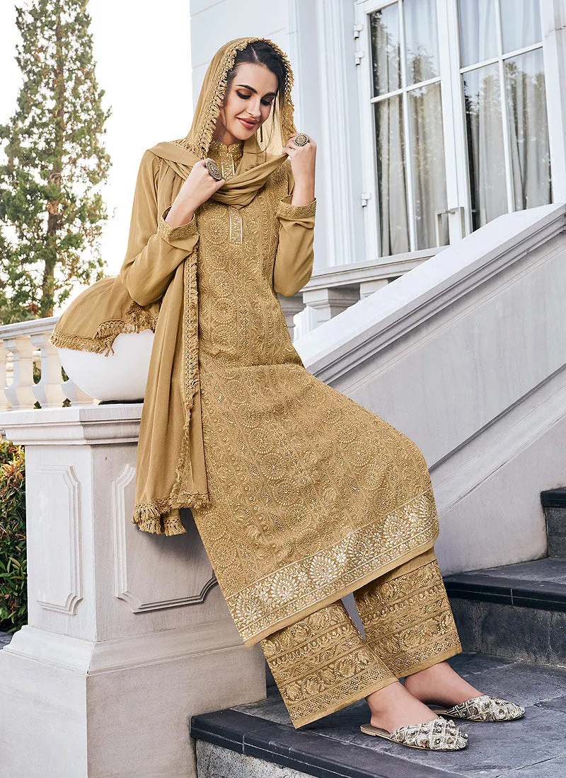 Golden Beige Lucknowi Embroidered Pants Style Suit