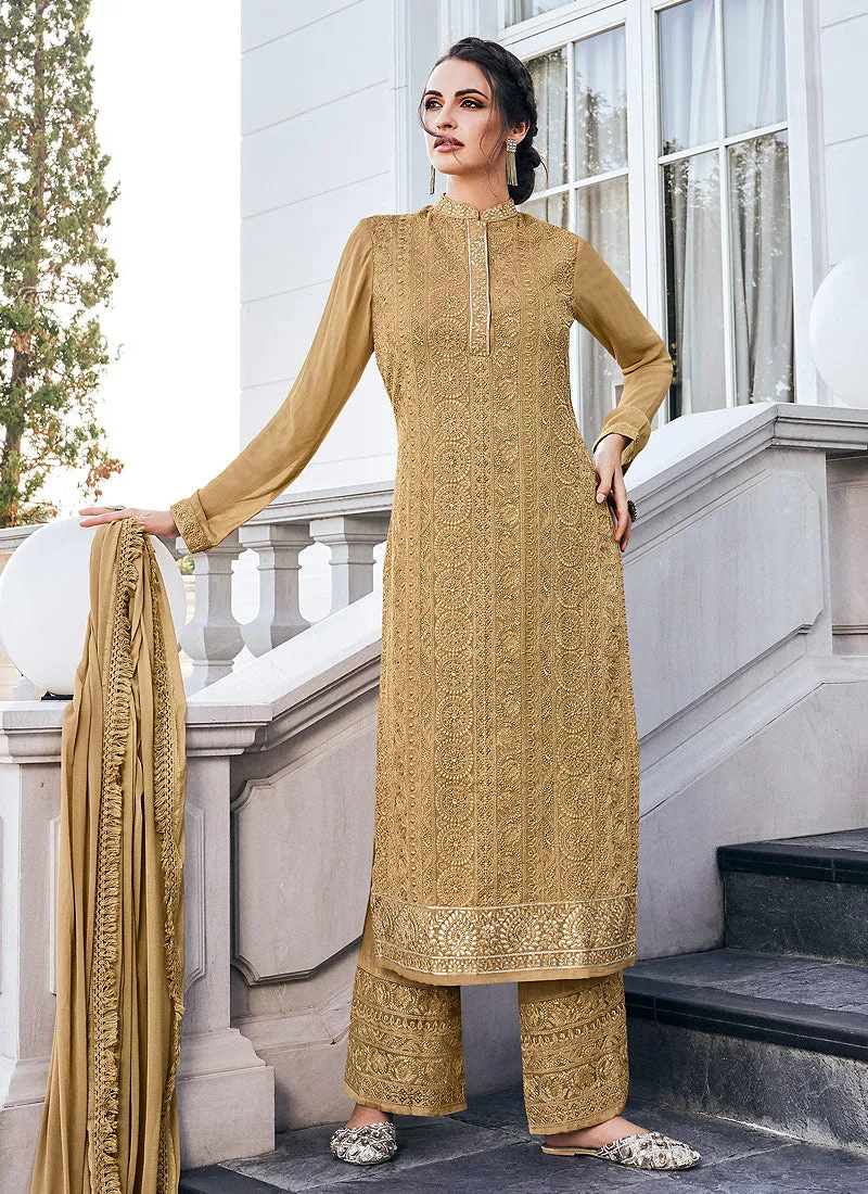 Golden Beige Lucknowi Embroidered Pants Style Suit