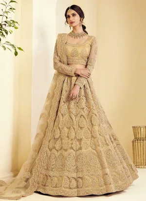 Golden Beige Pearl Embroidered Wedding Lehenga Choli