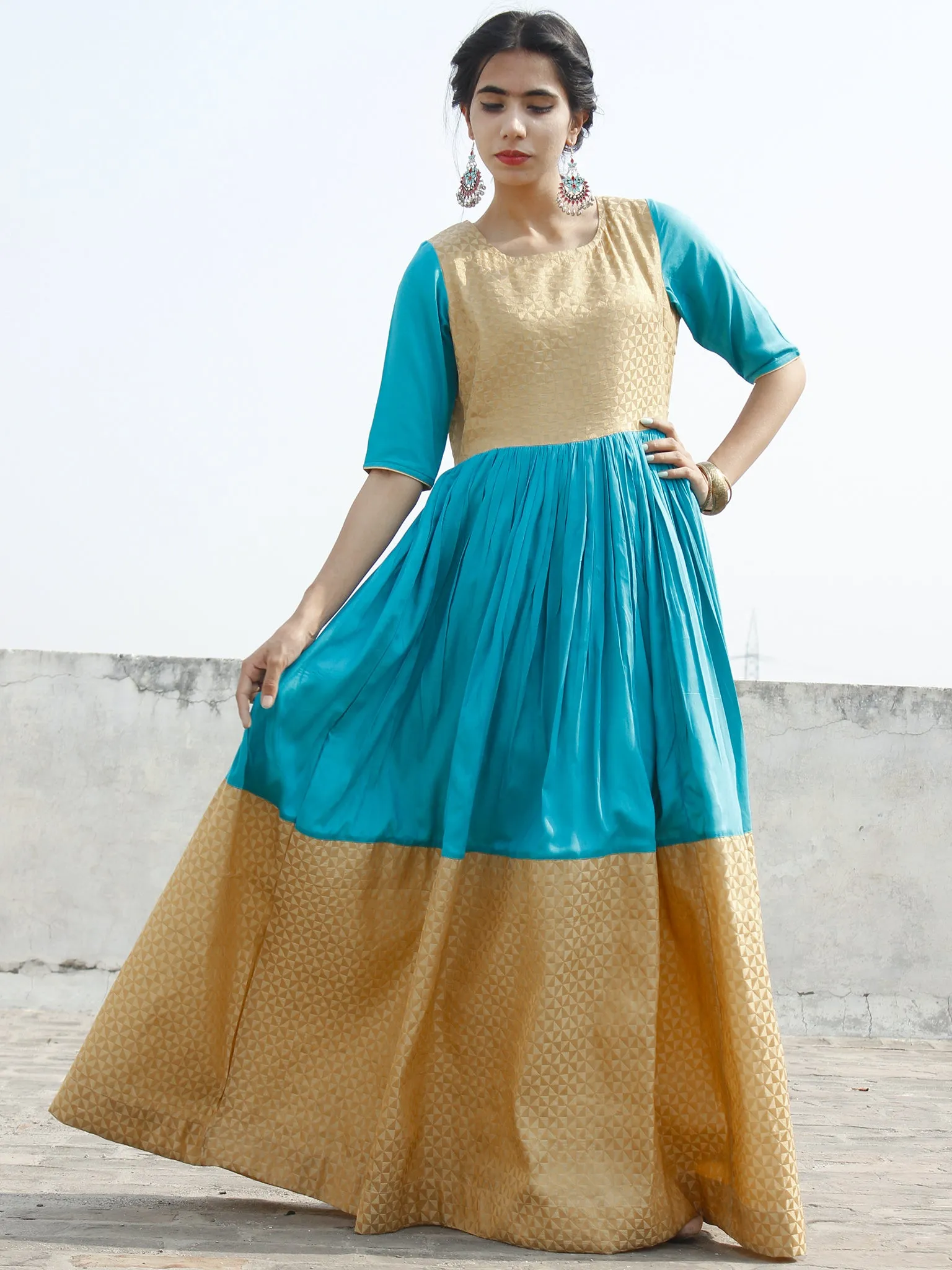 Golden Blue Long Floor Length Dress With Gathers - D121F001