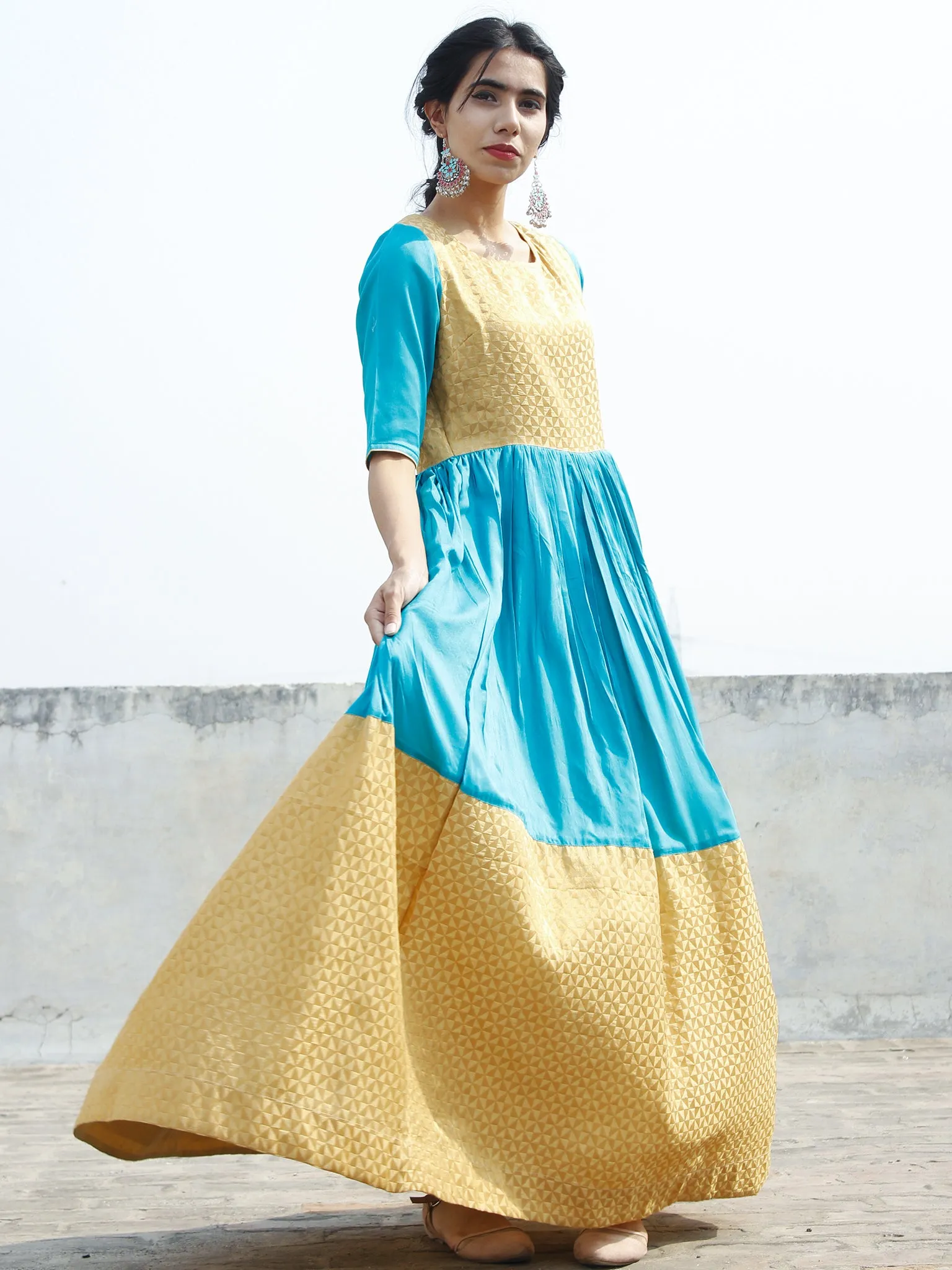 Golden Blue Long Floor Length Dress With Gathers - D121F001