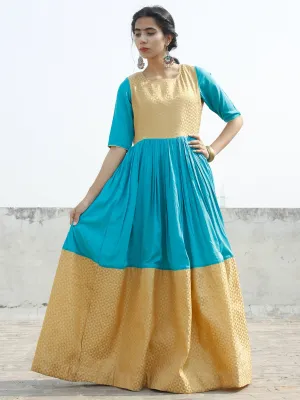 Golden Blue Long Floor Length Dress With Gathers - D121F001