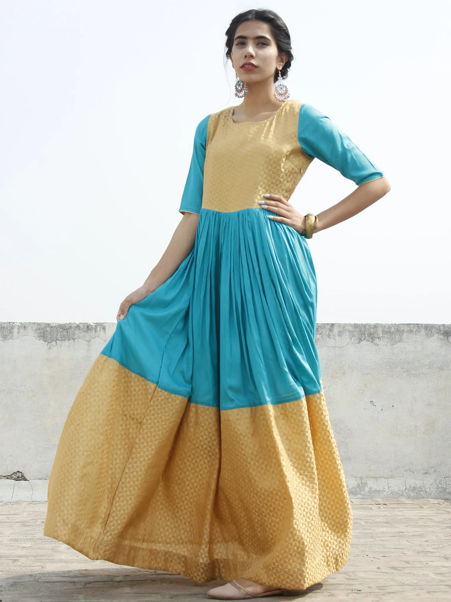 Golden Blue Long Floor Length Dress With Gathers - D121F001