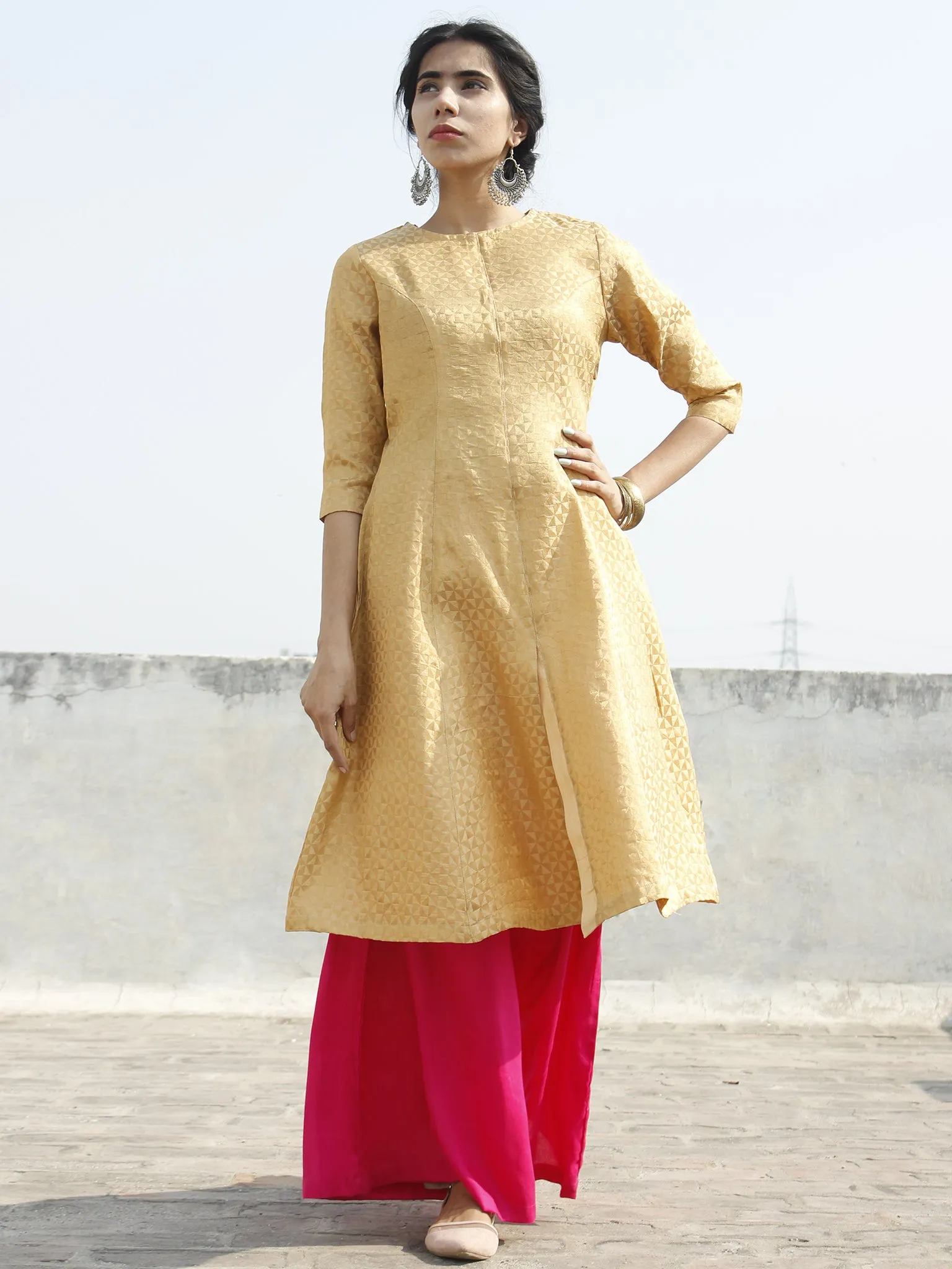 Golden Brocade Princess Line Kurta With Front Slit - 126F001