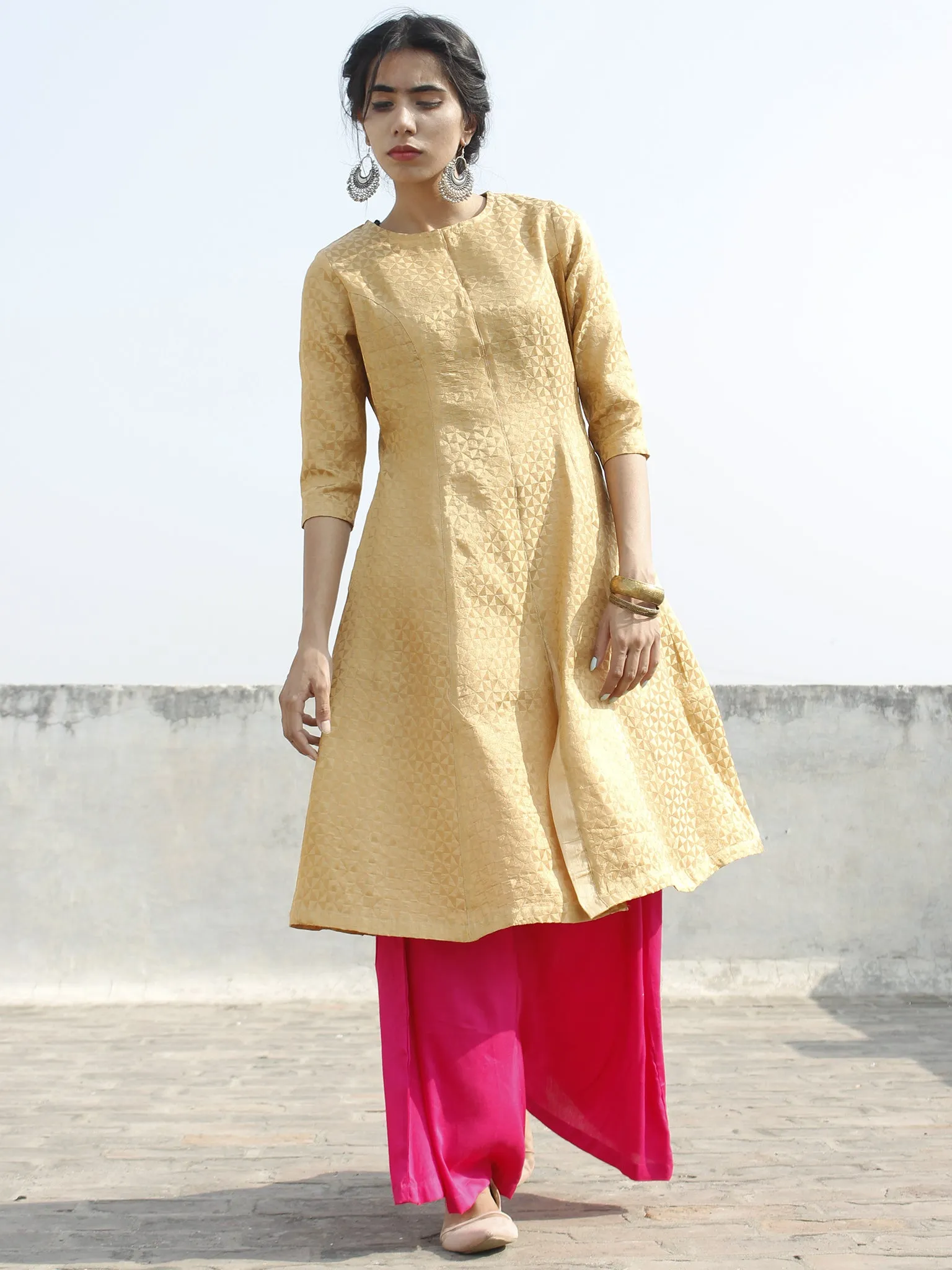 Golden Brocade Princess Line Kurta With Front Slit - 126F001