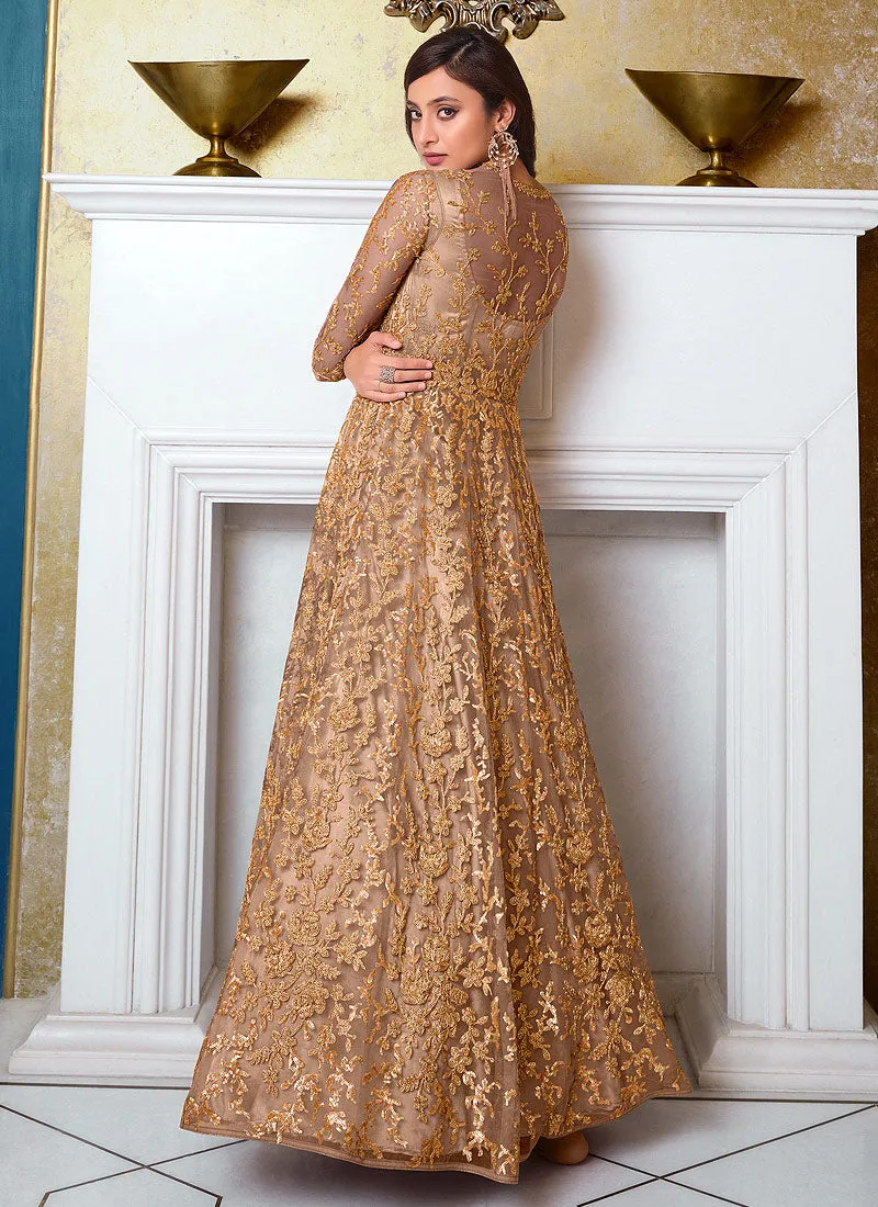 Golden Embroidered Jacket Style Anarkali Suit